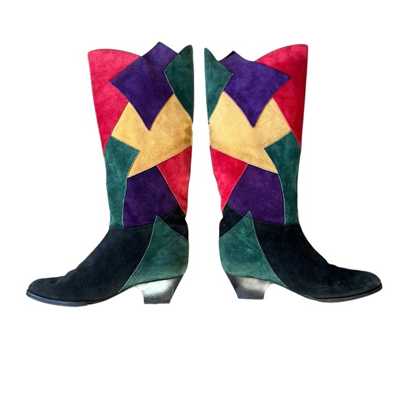 VINTAGE VERA CUOIO Colorblock Patchwork Suede Leather Boots Size 8 - Picture 2 of 15